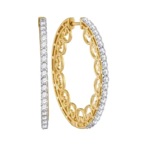 10kt Yellow Gold Womens Round Diamond Single Row Luxury Hoop Earrings 1.00 Cttw