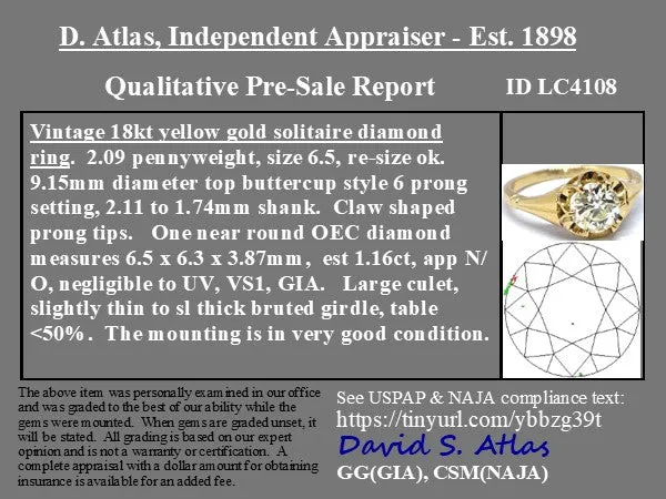 1.16ct Old European Cut Diamond Buttercup Solitaire