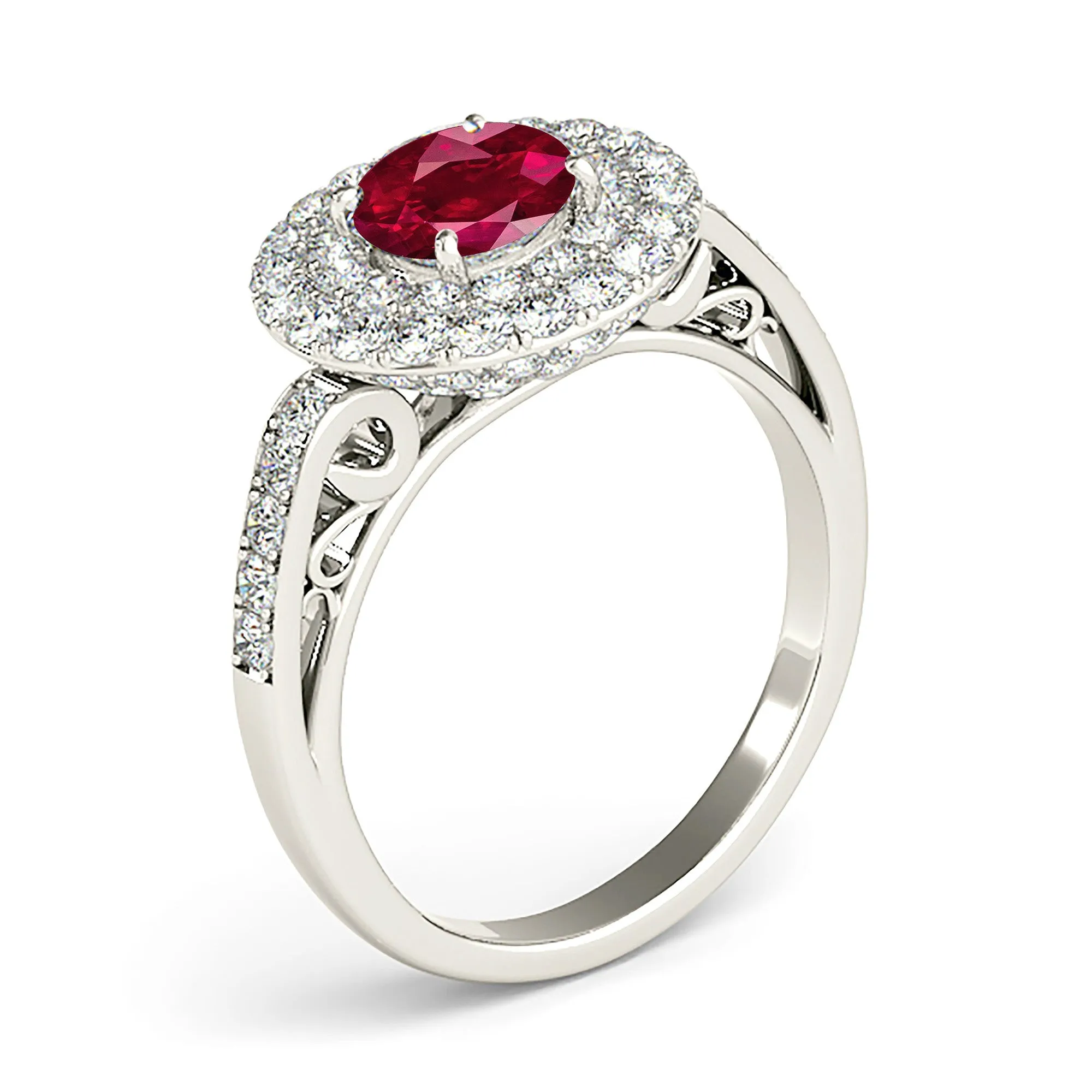 1.35 ct. Genuine Ruby Ring With 3 D Halo and Hand Carved Diamond Band