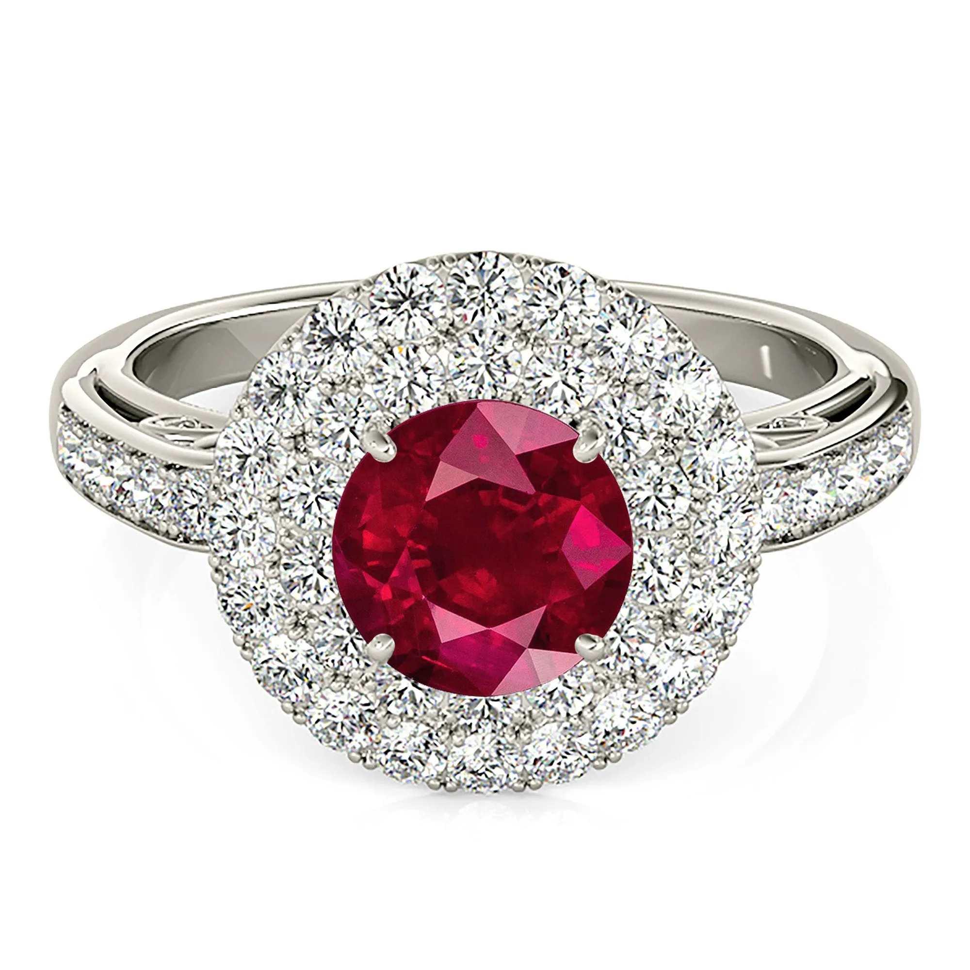 1.35 ct. Genuine Ruby Ring With 3 D Halo and Hand Carved Diamond Band