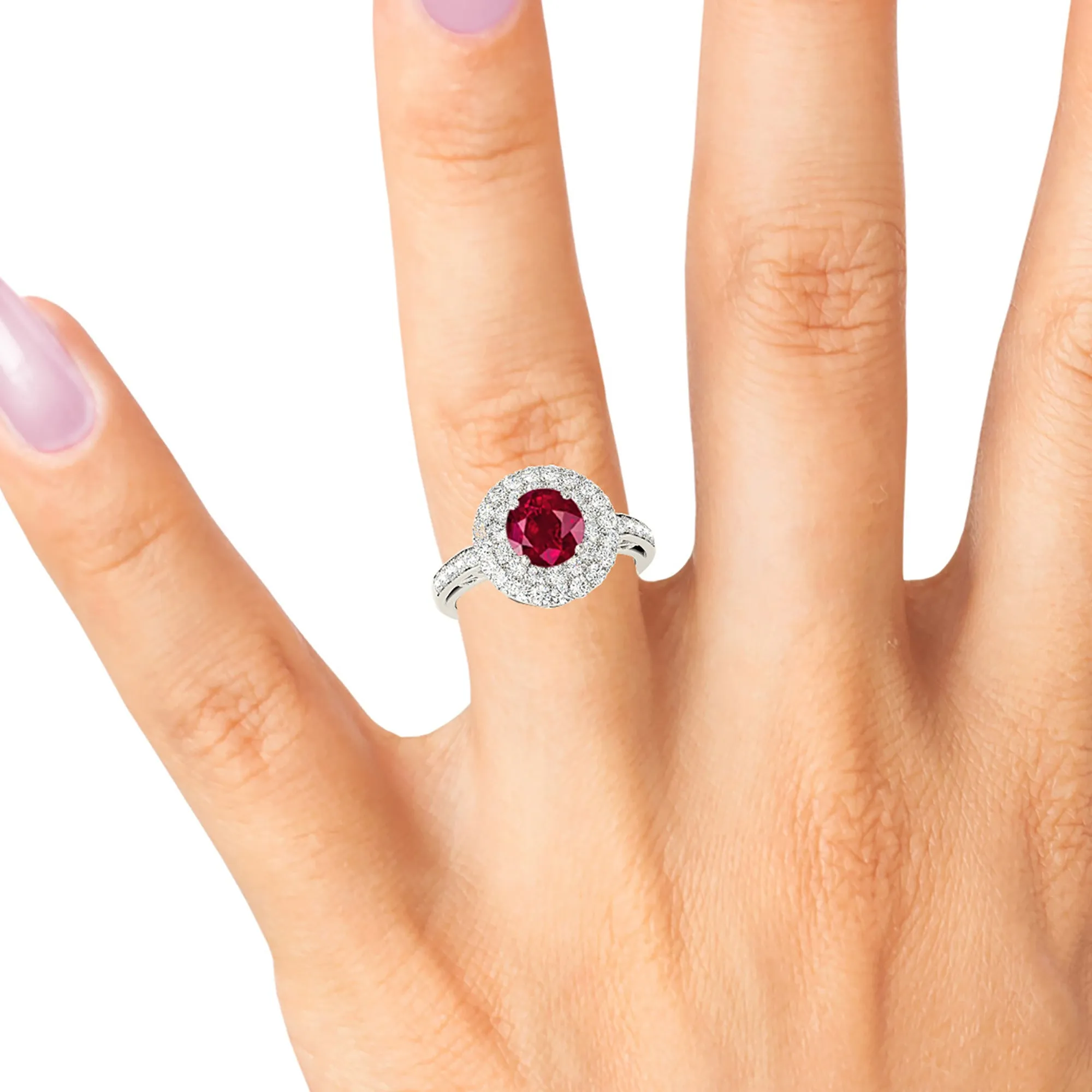 1.35 ct. Genuine Ruby Ring With 3 D Halo and Hand Carved Diamond Band