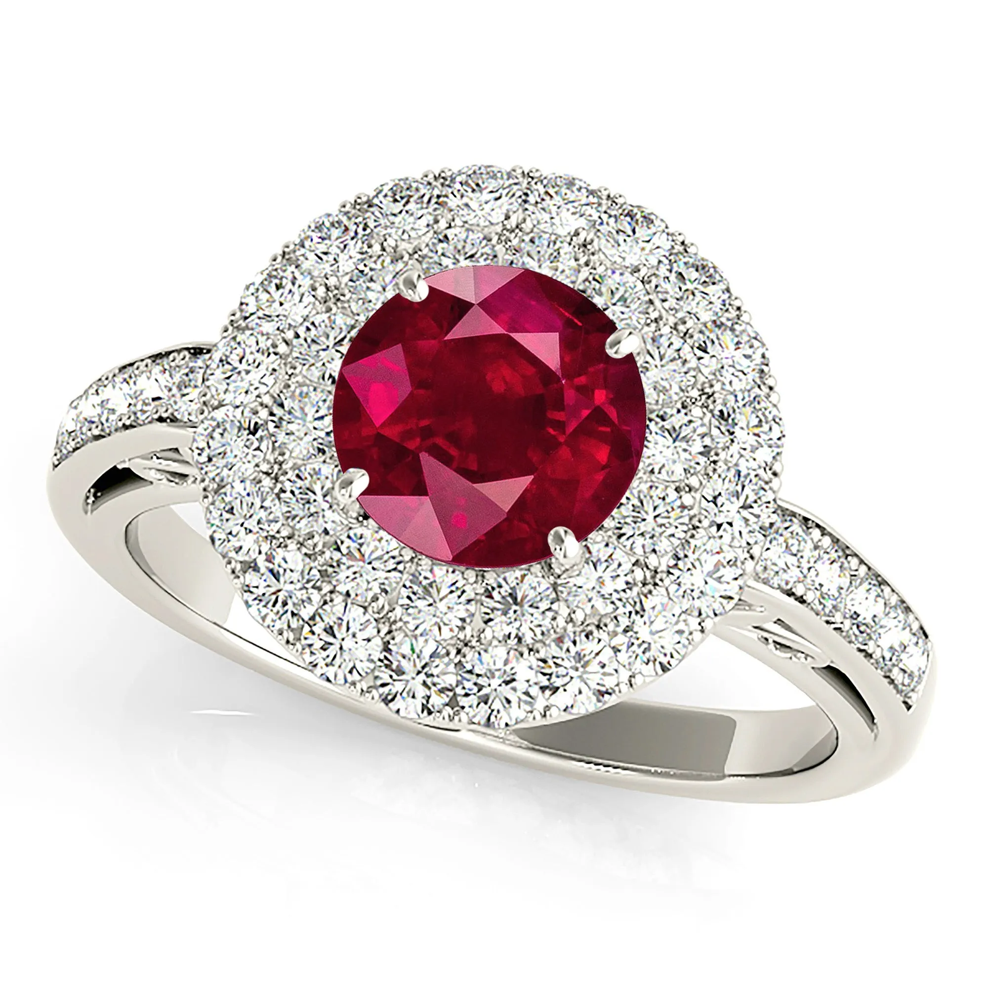 1.35 ct. Genuine Ruby Ring With 3 D Halo and Hand Carved Diamond Band