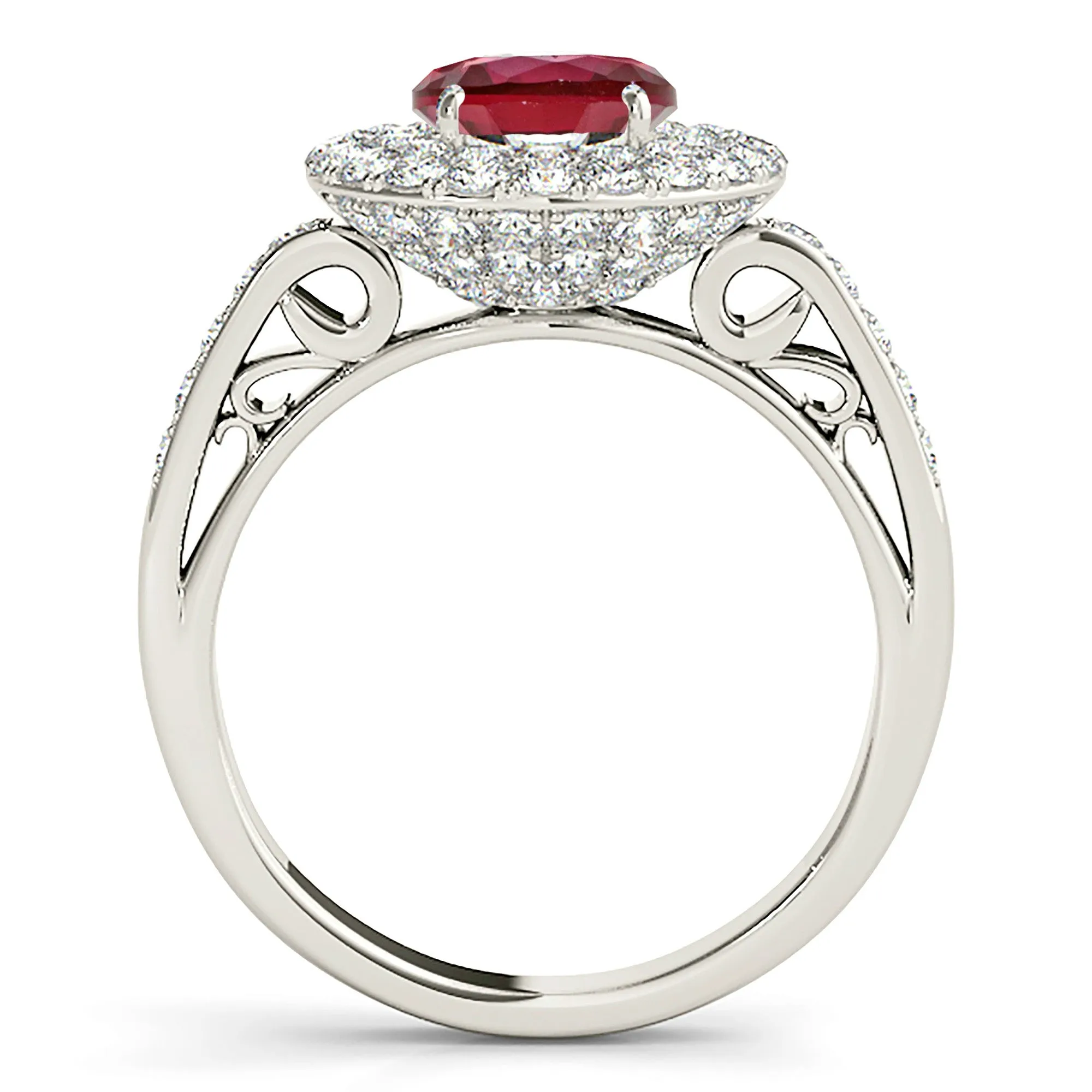 1.35 ct. Genuine Ruby Ring With 3 D Halo and Hand Carved Diamond Band