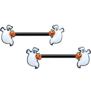 14 Gauge 9/16 Black Halloween Pumpkin Ghost Barbell Nipple Ring Set