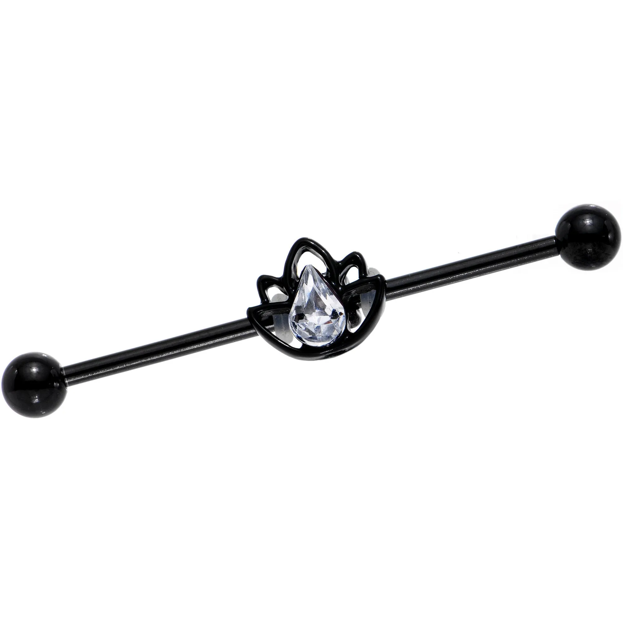 14 Gauge Clear Gem Black Lonely Lotus Flower Industrial Barbell 38mm