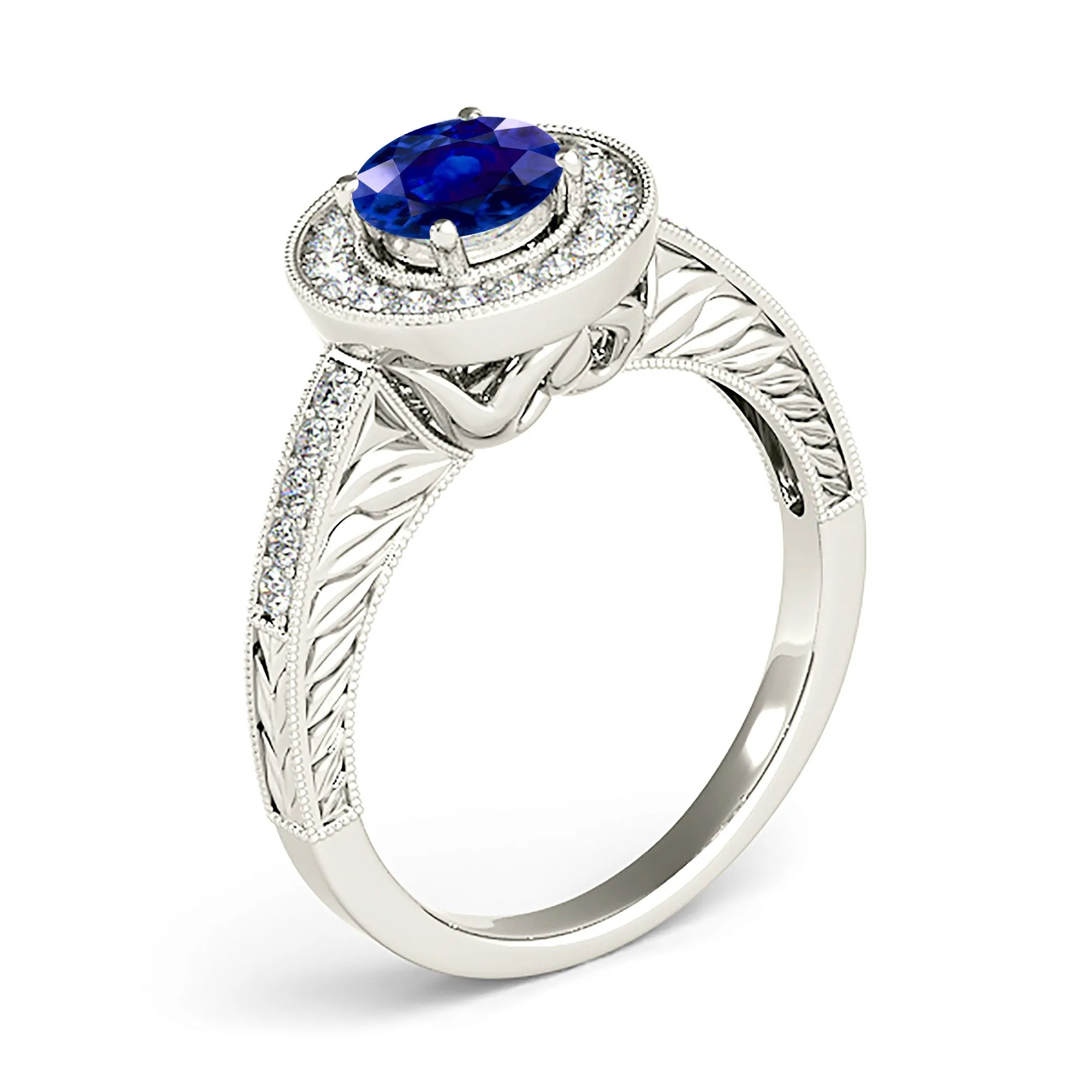 1.45 ct. Genuine Blue Sapphire Milgrain Halo Ring