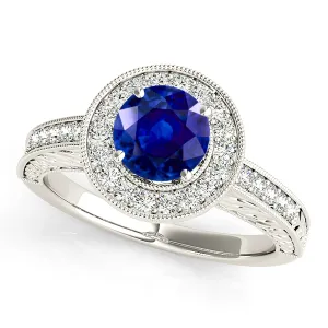 1.45 ct. Genuine Blue Sapphire Milgrain Halo Ring