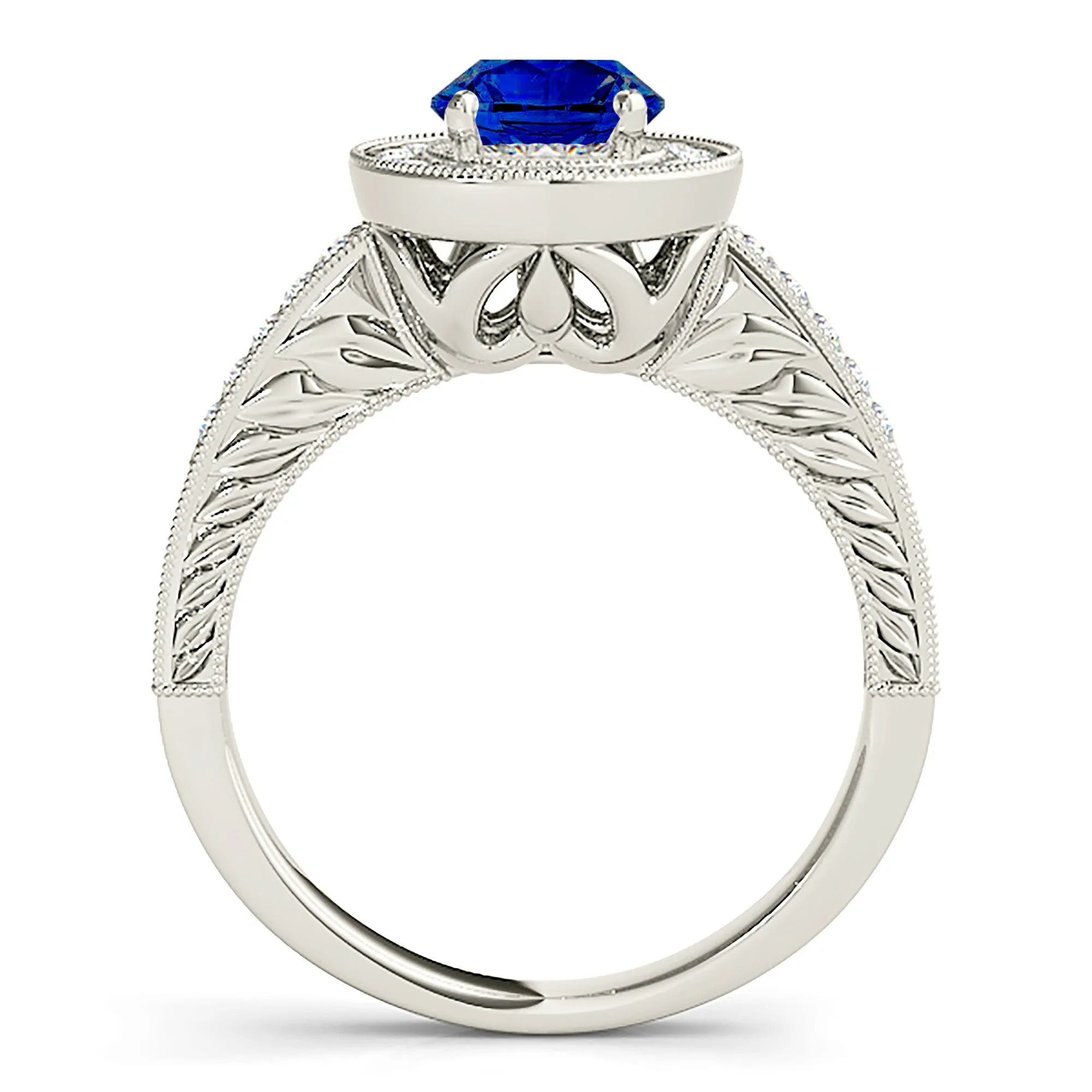 1.45 ct. Genuine Blue Sapphire Milgrain Halo Ring