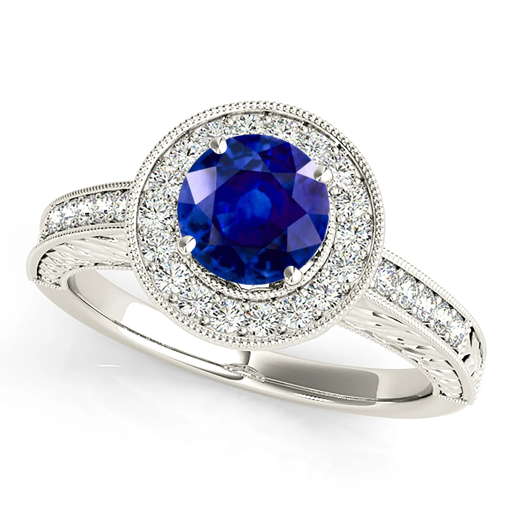 1.45 ct. Genuine Blue Sapphire Milgrain Halo Ring
