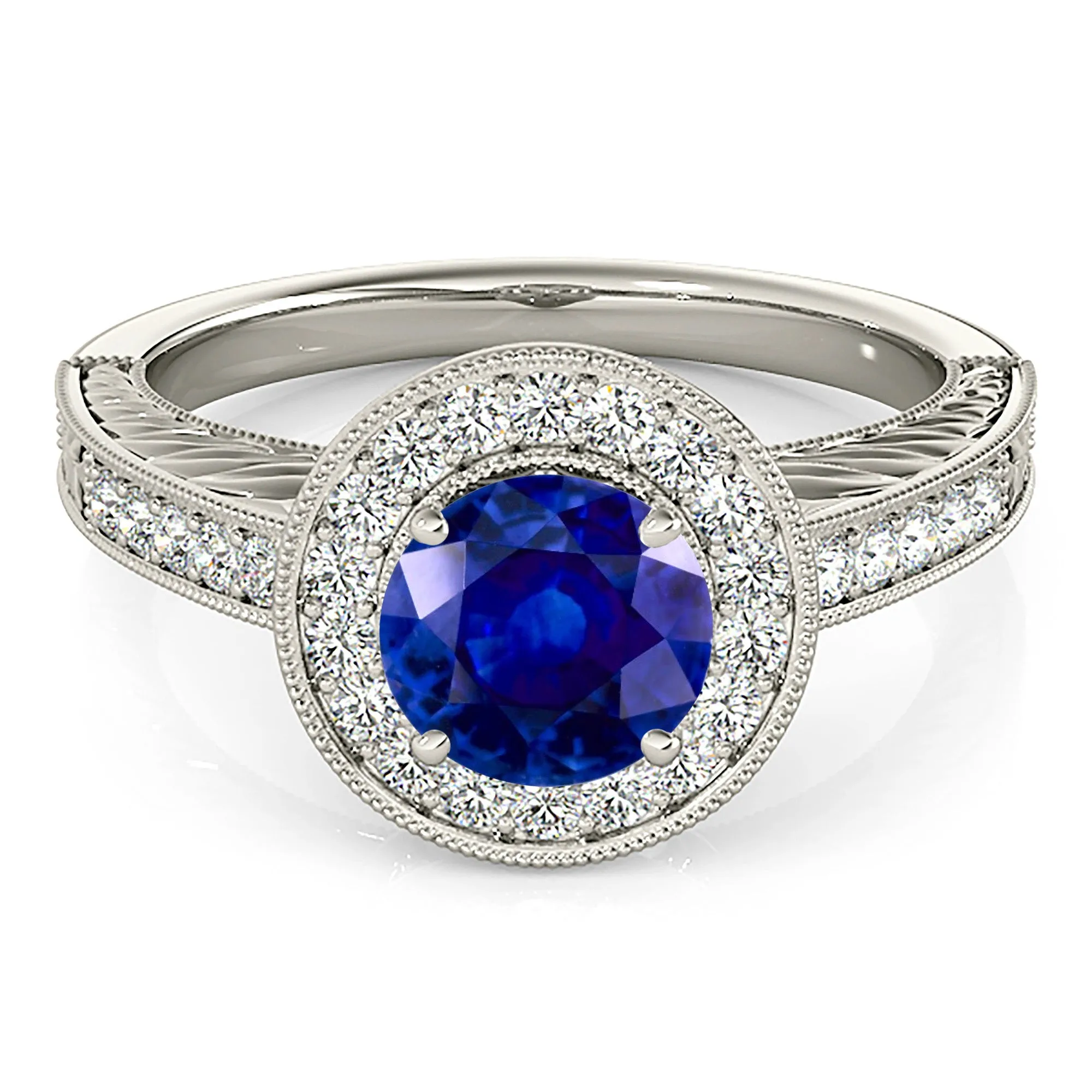 1.45 ct. Genuine Blue Sapphire Milgrain Halo Ring