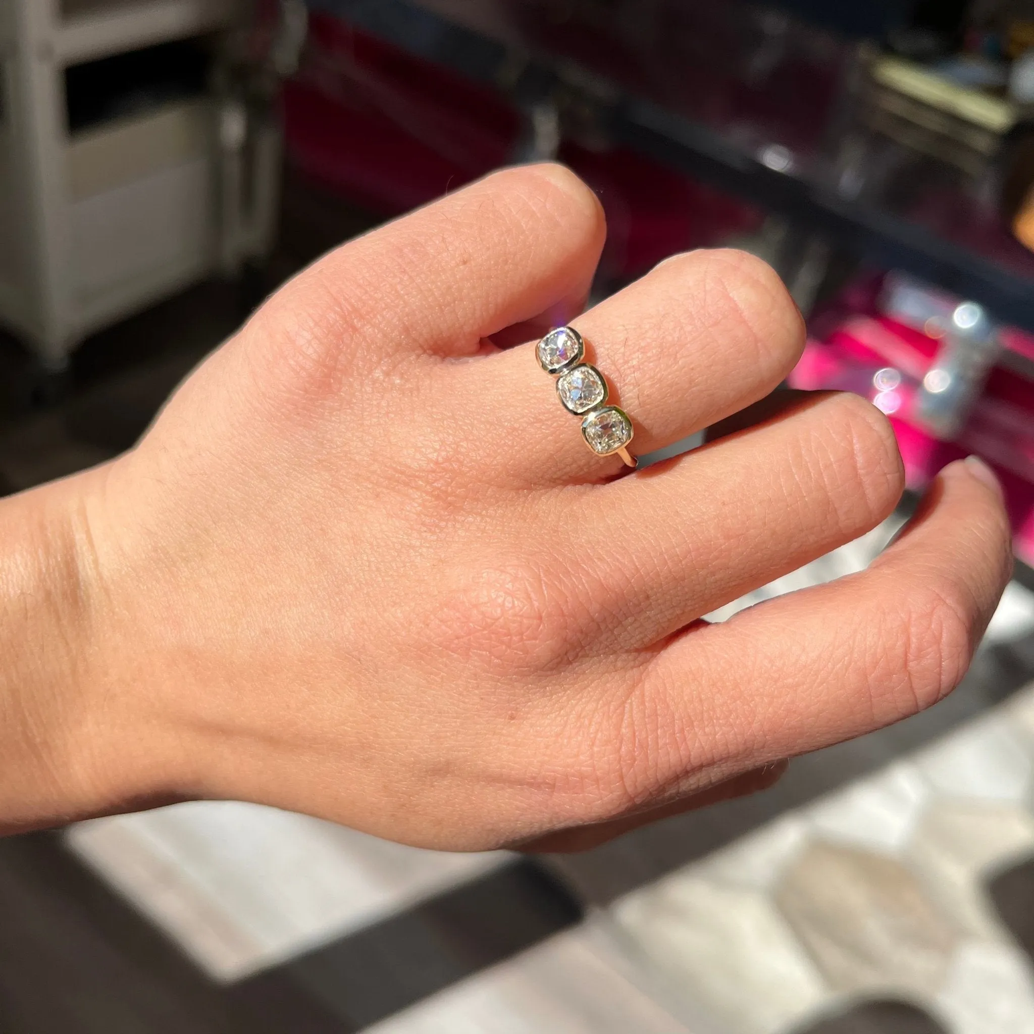 1.46ctw Old Mine Cut Diamond Bezel Trilogy Ring