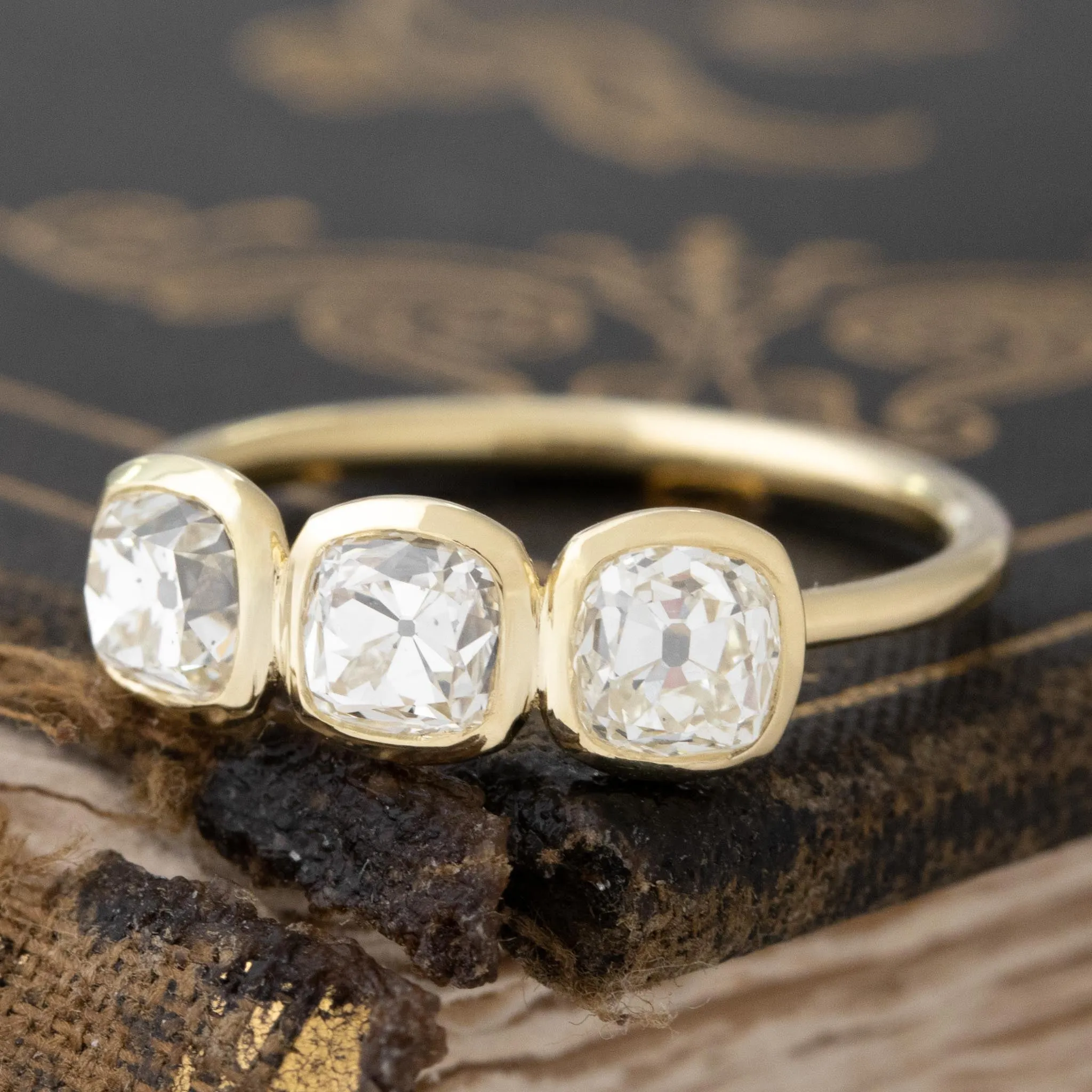 1.46ctw Old Mine Cut Diamond Bezel Trilogy Ring