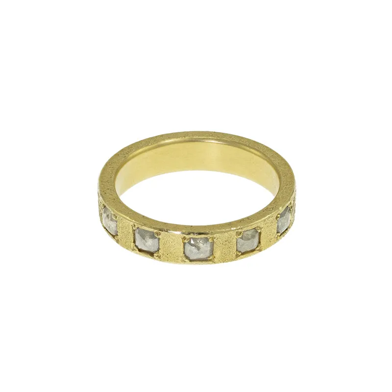14K Gold Band with Rustic White Cushion Cut Diamonds