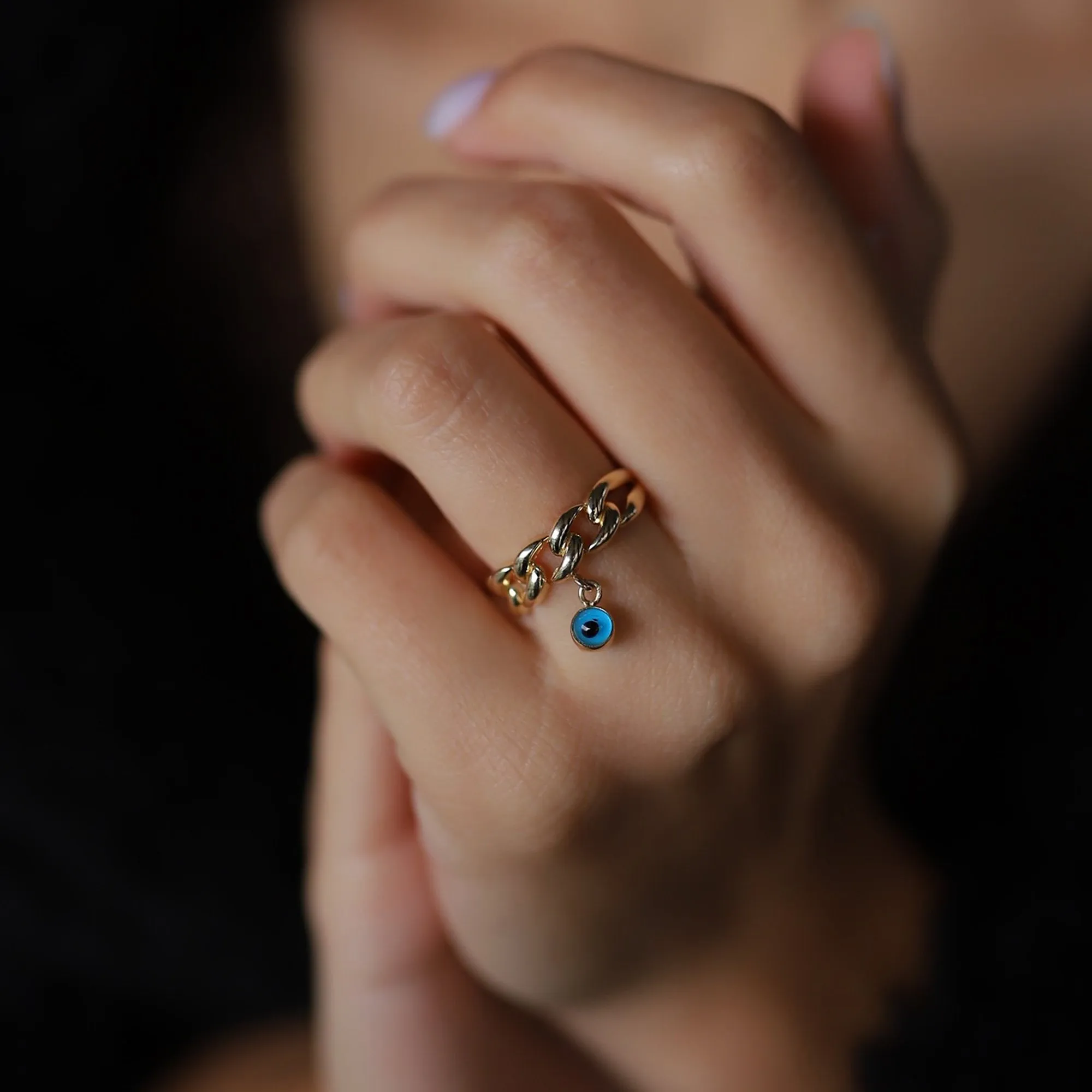 14k Gold Cuban Chain Ring with Evil Eye