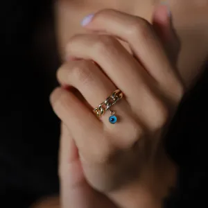 14k Gold Cuban Chain Ring with Evil Eye