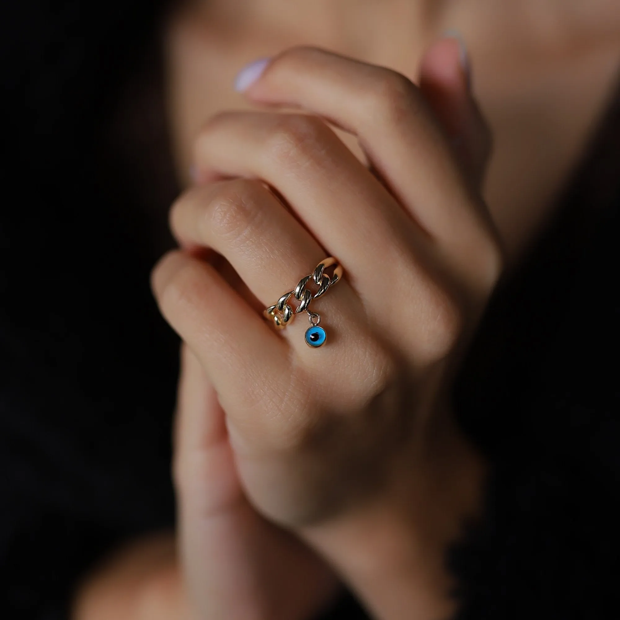 14k Gold Cuban Chain Ring with Evil Eye