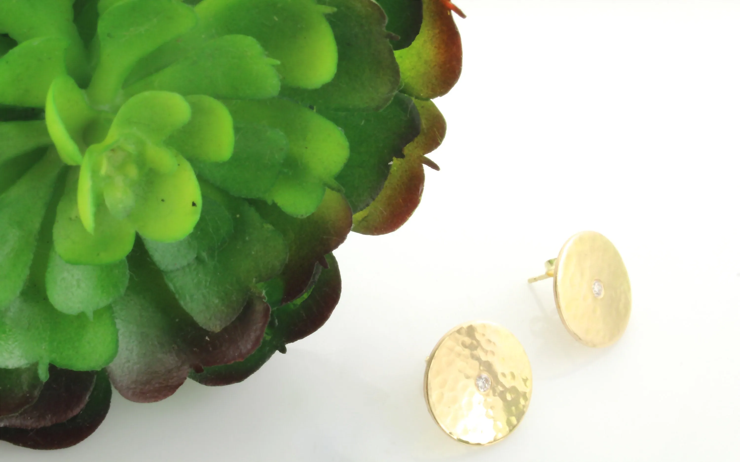 14K Gold Hammered Disc & Burnished Diamond Earrings