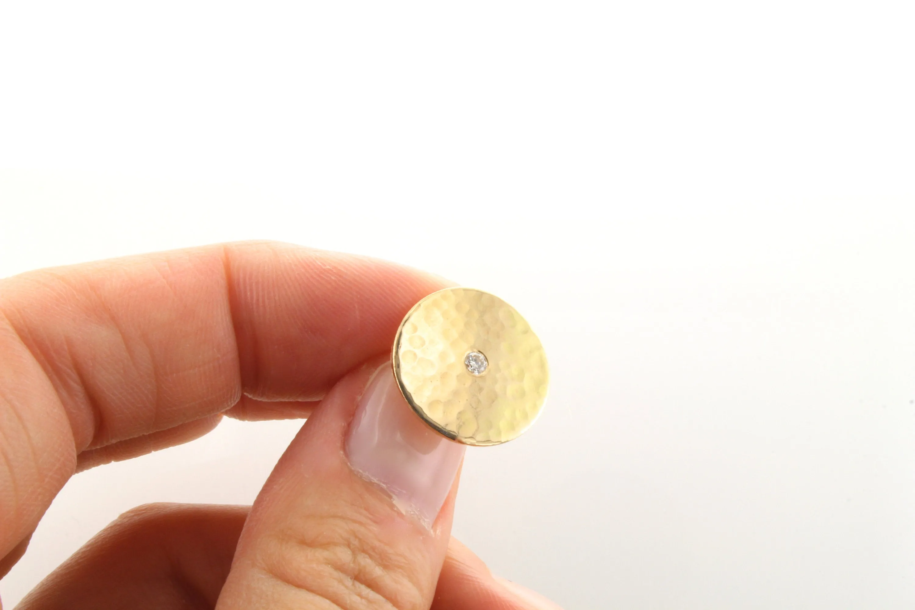 14K Gold Hammered Disc & Burnished Diamond Earrings