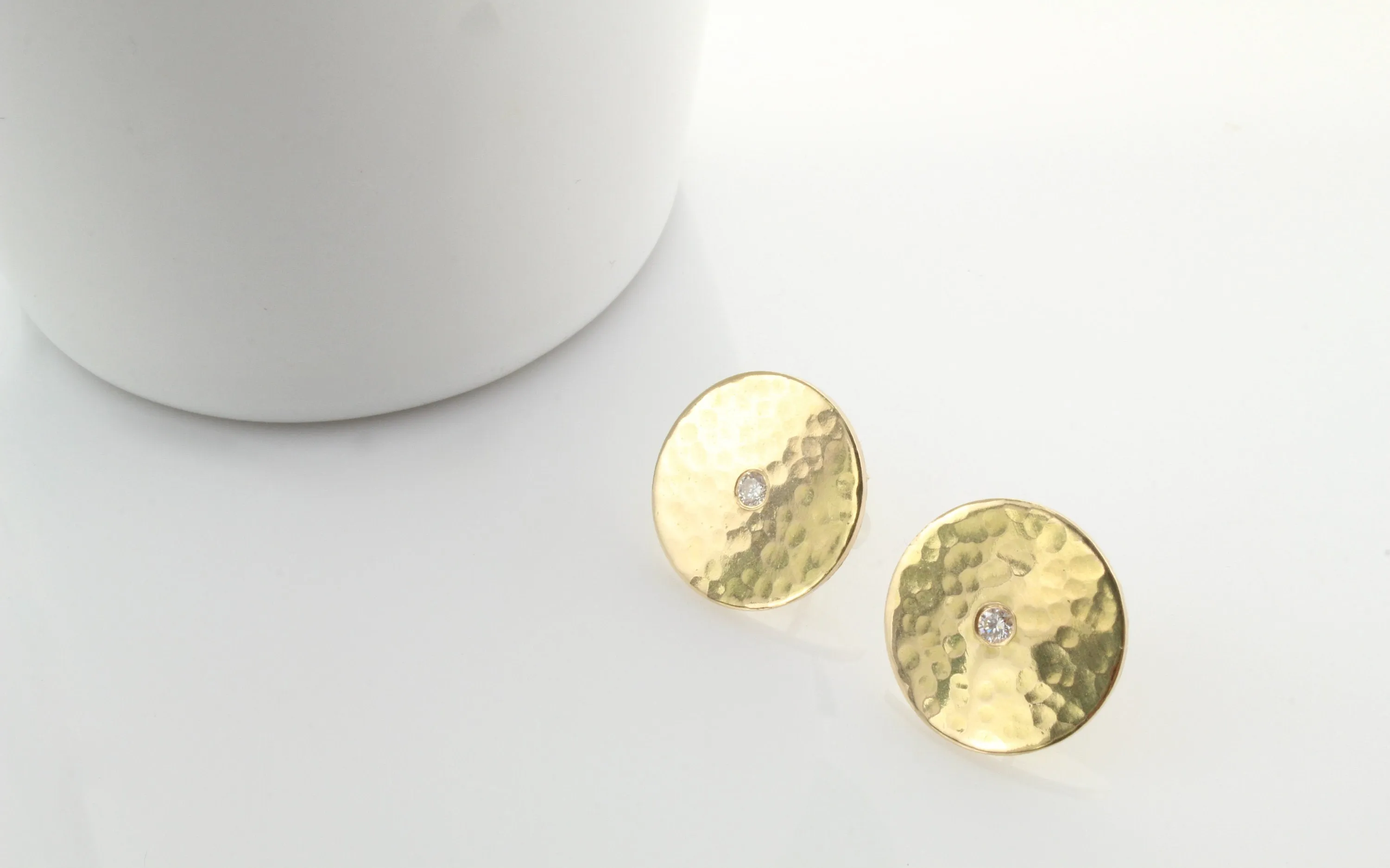 14K Gold Hammered Disc & Burnished Diamond Earrings