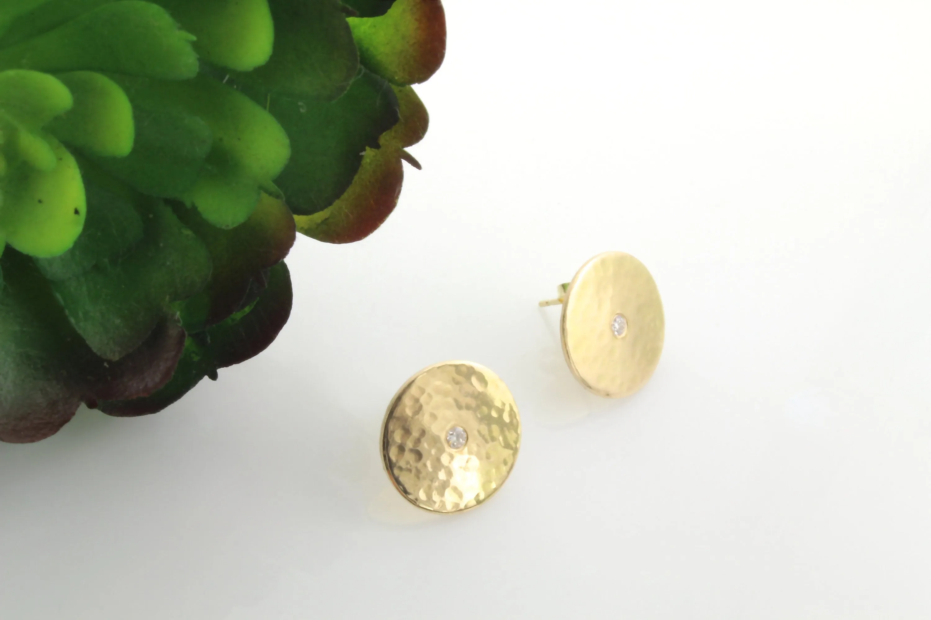 14K Gold Hammered Disc & Burnished Diamond Earrings