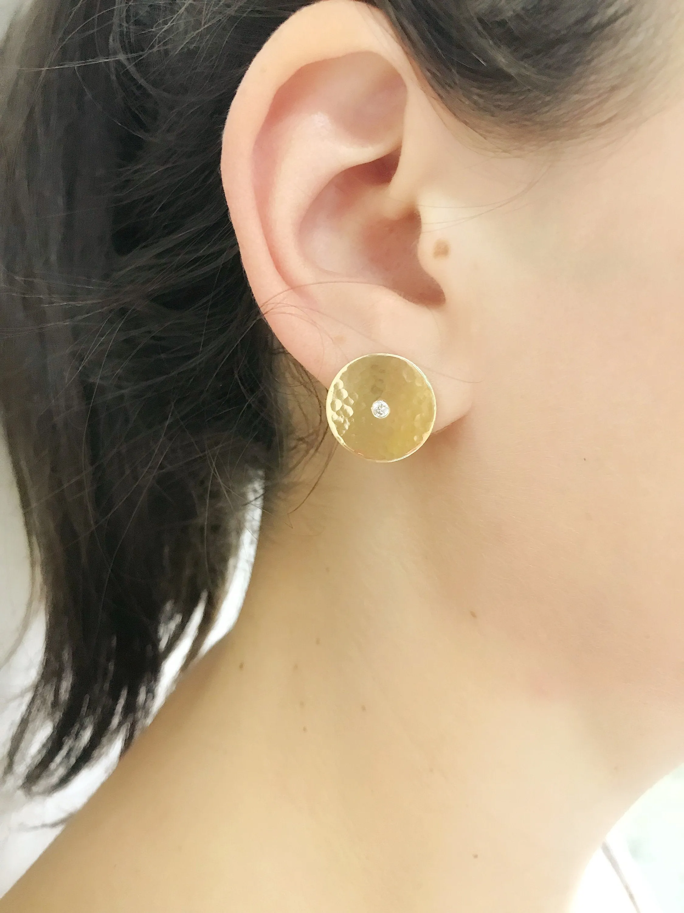 14K Gold Hammered Disc & Burnished Diamond Earrings