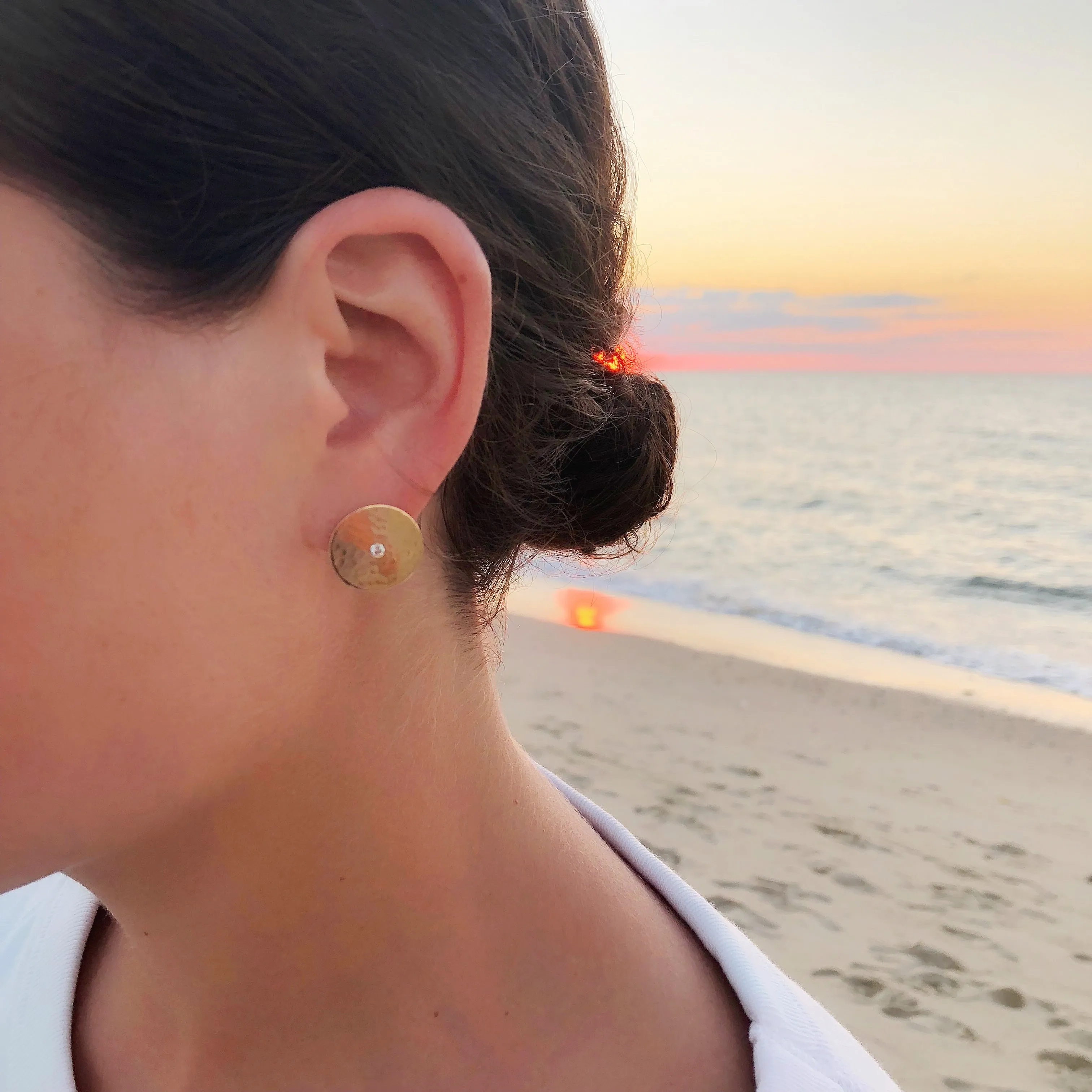 14K Gold Hammered Disc & Burnished Diamond Earrings