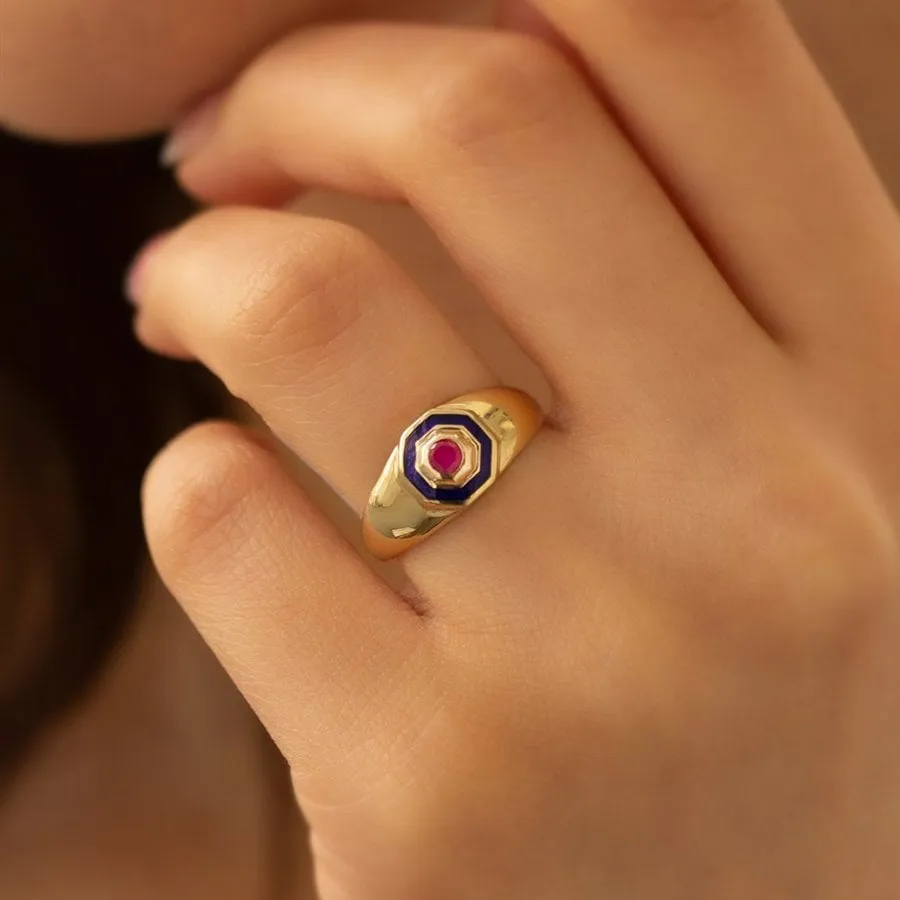 14k Gold Hexagon Ruby Colored Ring