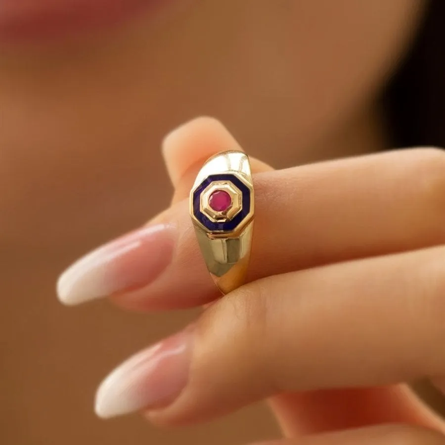 14k Gold Hexagon Ruby Colored Ring