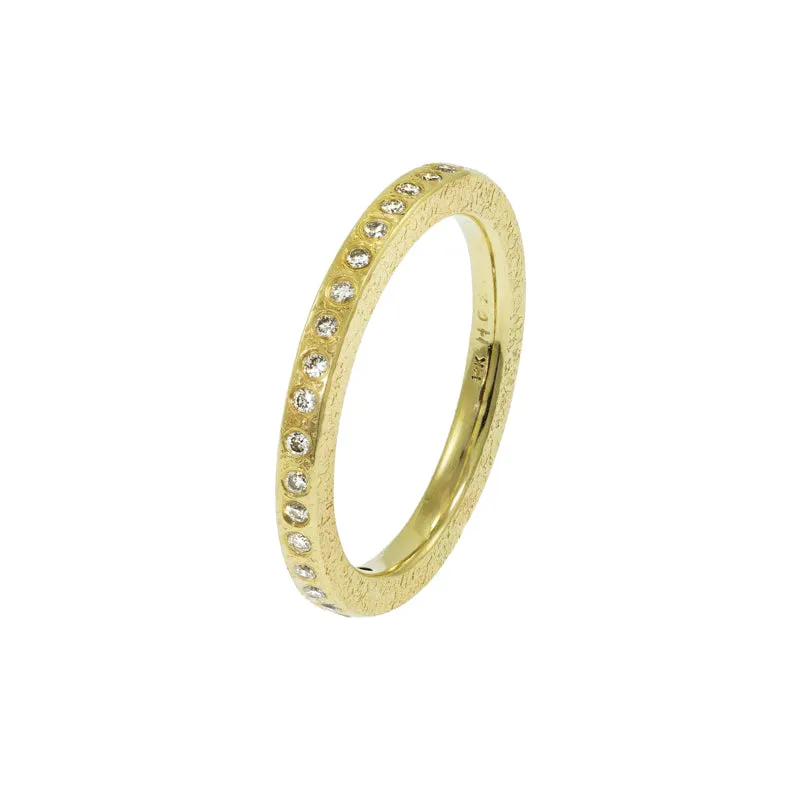 14K Gold Thin Rustic Band with Flush Set White Diamonds