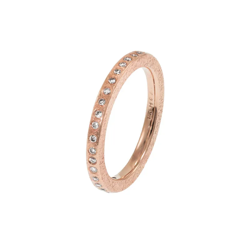 14K Gold Thin Rustic Band with Flush Set White Diamonds