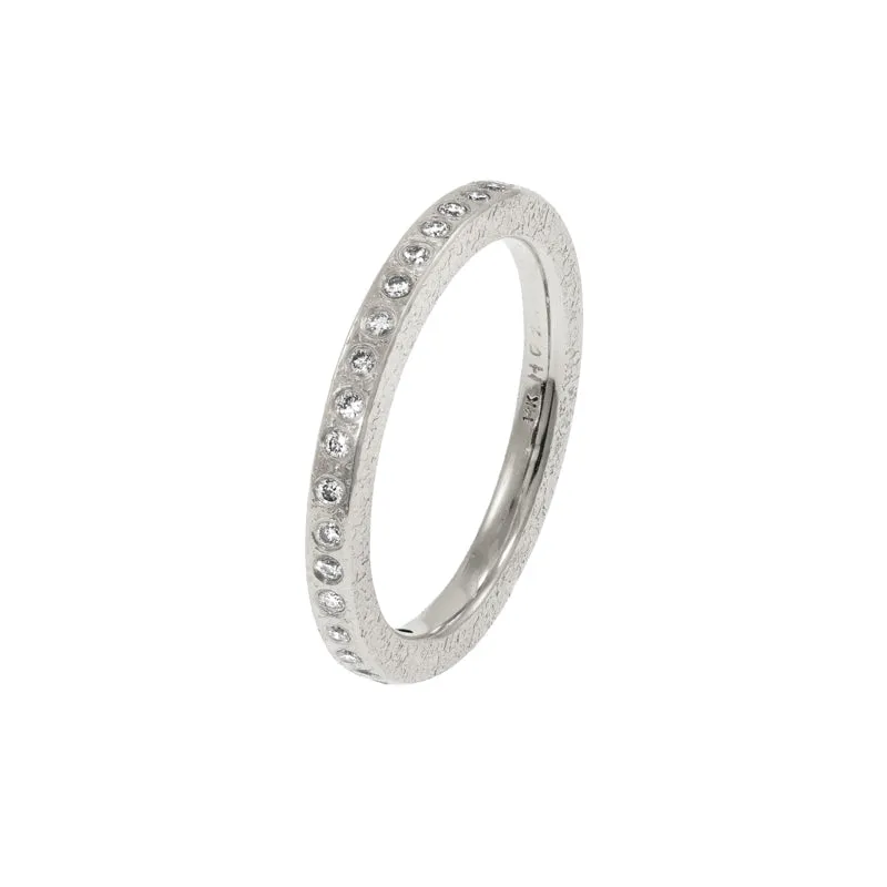 14K Gold Thin Rustic Band with Flush Set White Diamonds