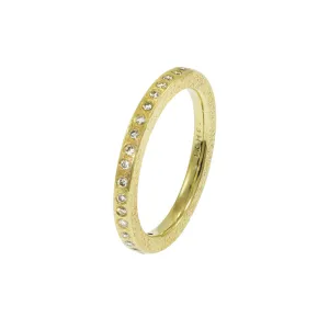 14K Gold Thin Rustic Band with Flush Set White Diamonds