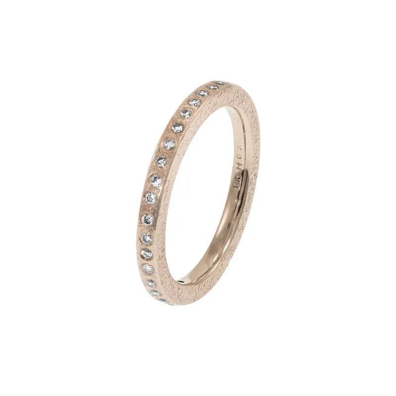 14K Gold Thin Rustic Band with Flush Set White Diamonds