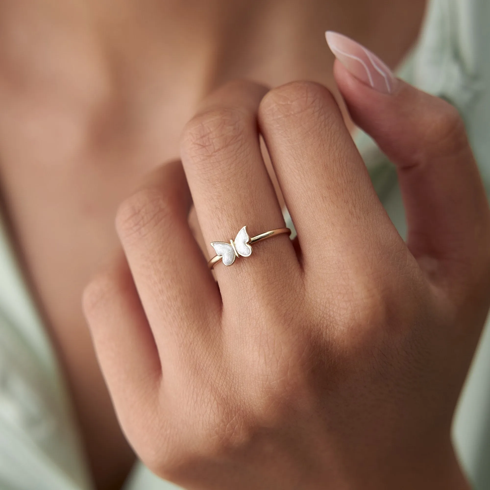 14k Gold White Enamel Butterfly Ring