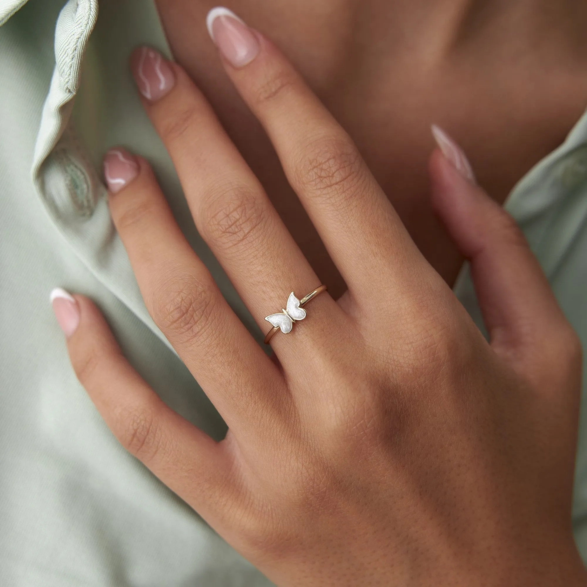 14k Gold White Enamel Butterfly Ring