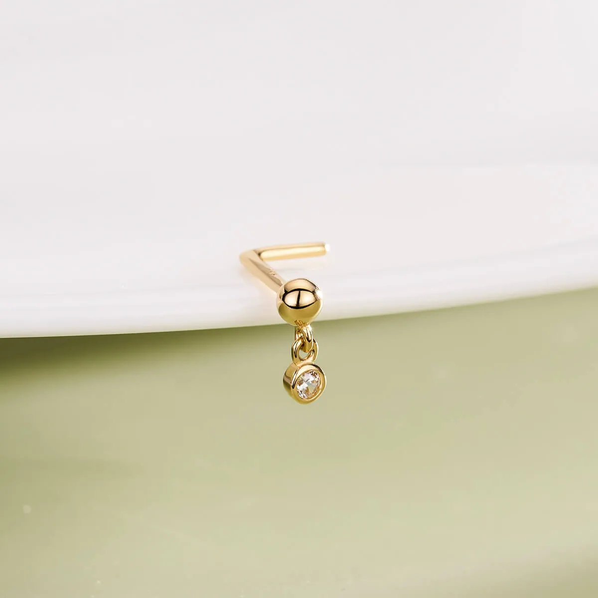 14K Solid Gold Ball Top Round CZ Dangle L-Shaped Nose Stud