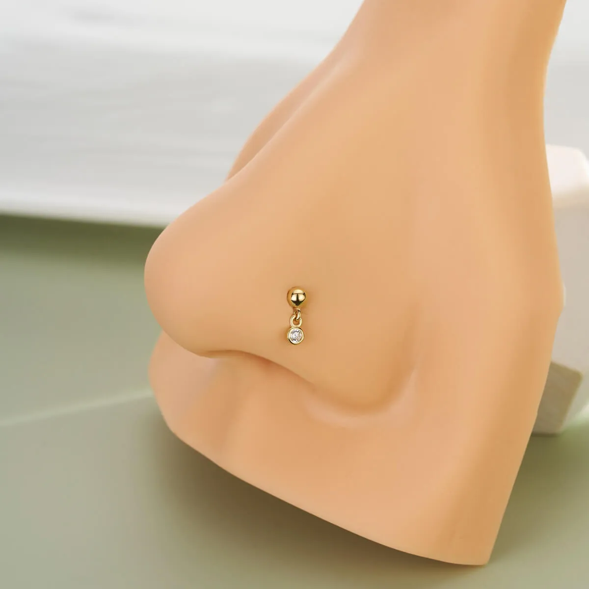 14K Solid Gold Ball Top Round CZ Dangle L-Shaped Nose Stud