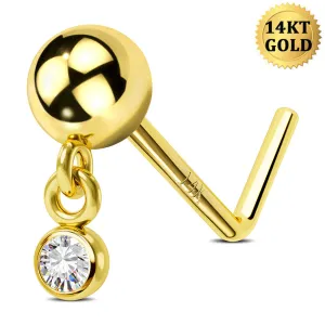 14K Solid Gold Ball Top Round CZ Dangle L-Shaped Nose Stud