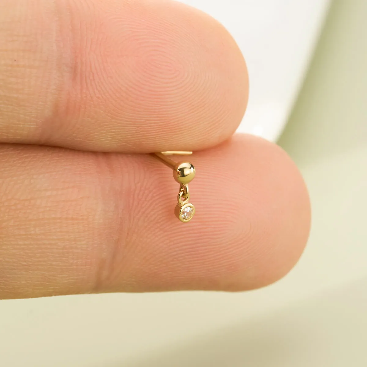 14K Solid Gold Ball Top Round CZ Dangle L-Shaped Nose Stud