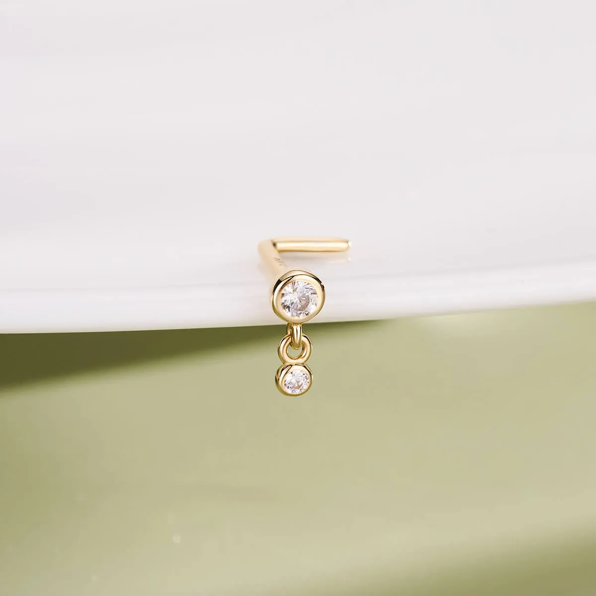 14K Solid Gold Bezel CZ Dangle L-Shaped Nose Stud