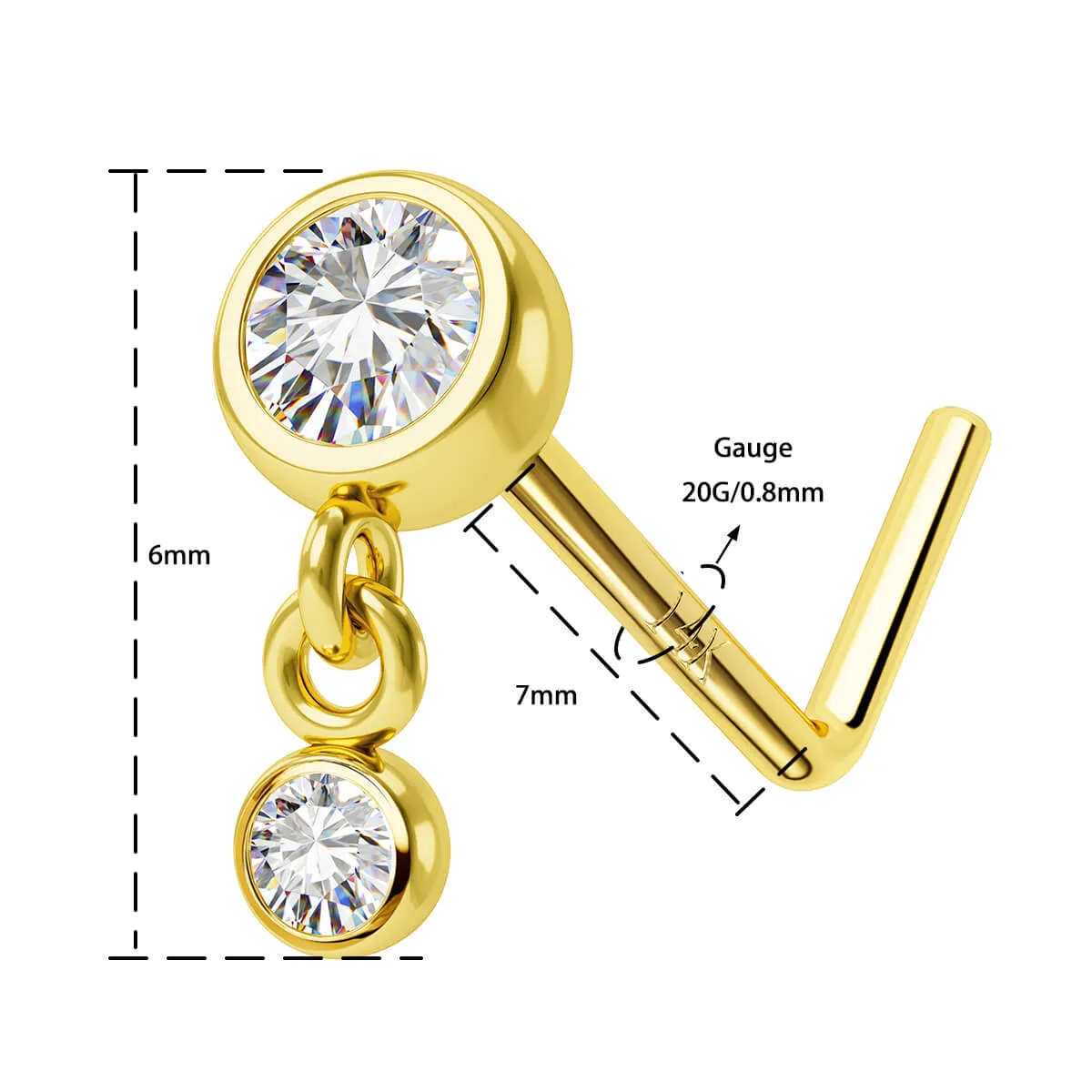14K Solid Gold Bezel CZ Dangle L-Shaped Nose Stud