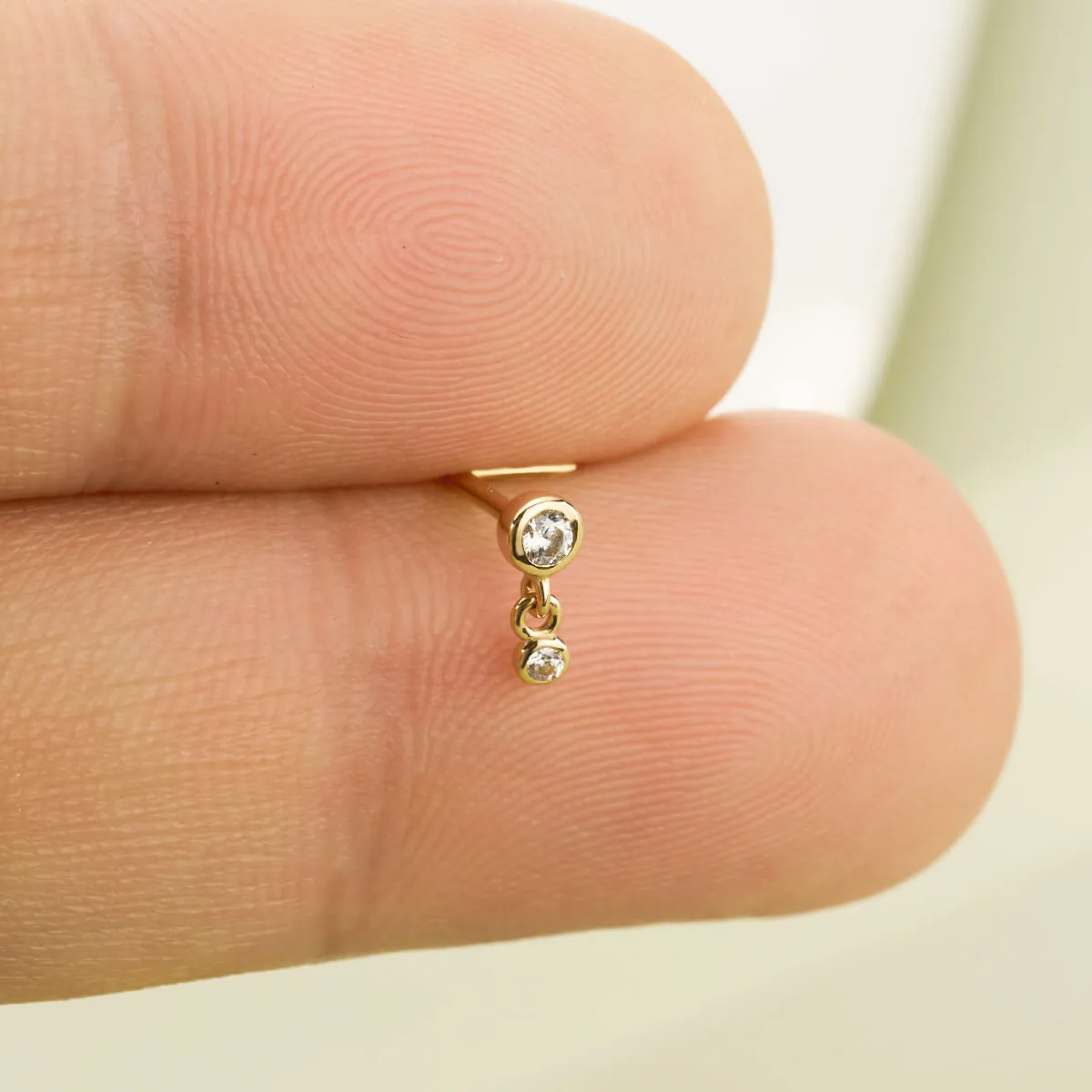 14K Solid Gold Bezel CZ Dangle L-Shaped Nose Stud