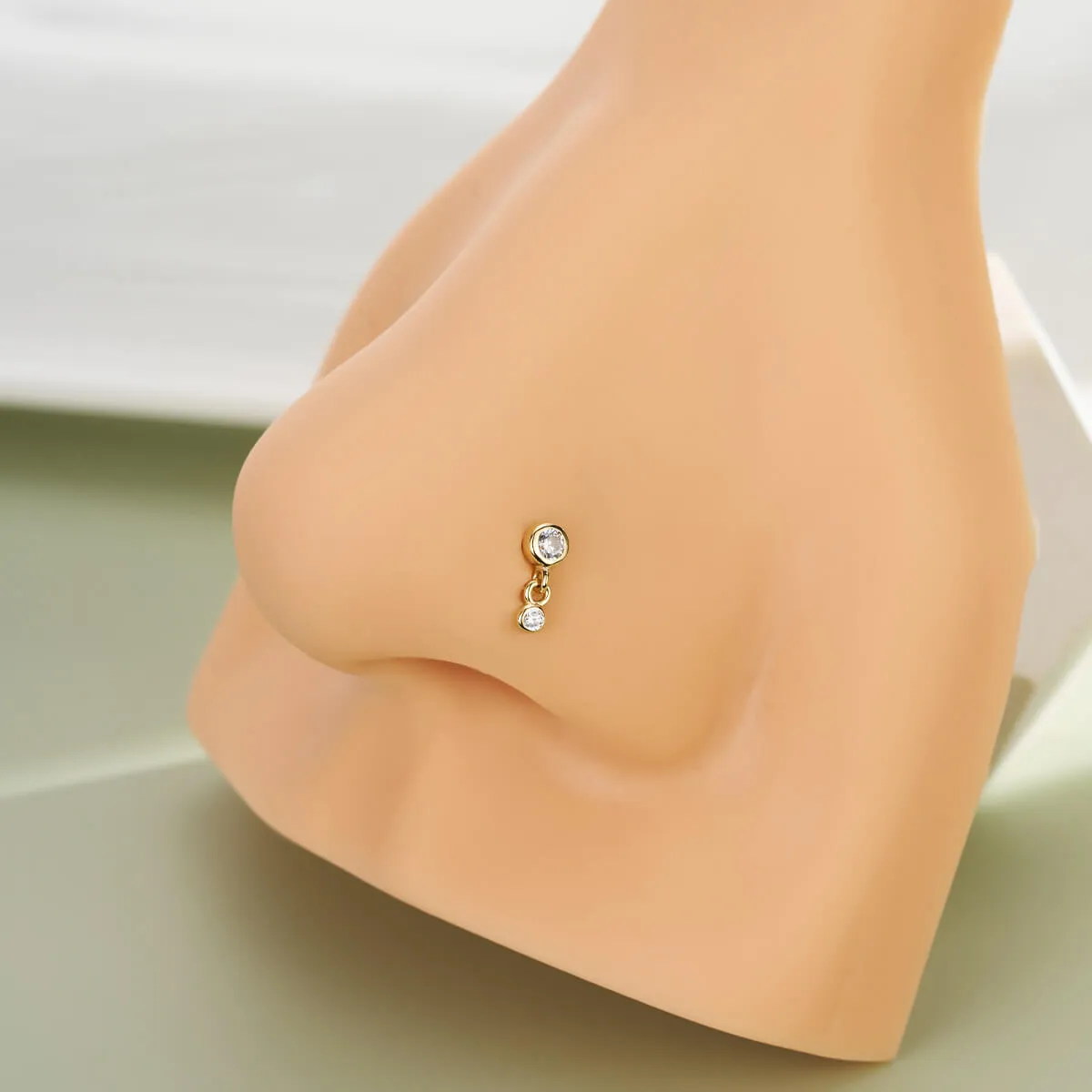 14K Solid Gold Bezel CZ Dangle L-Shaped Nose Stud