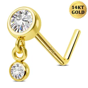 14K Solid Gold Bezel CZ Dangle L-Shaped Nose Stud
