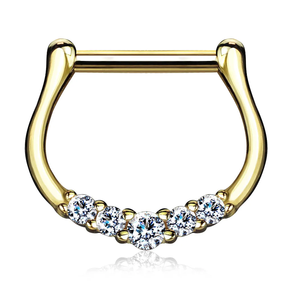 14K Solid Gold Five CZ Nose Ring Septum Clicker Daith