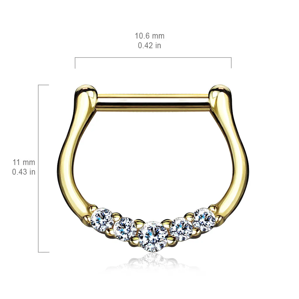 14K Solid Gold Five CZ Nose Ring Septum Clicker Daith