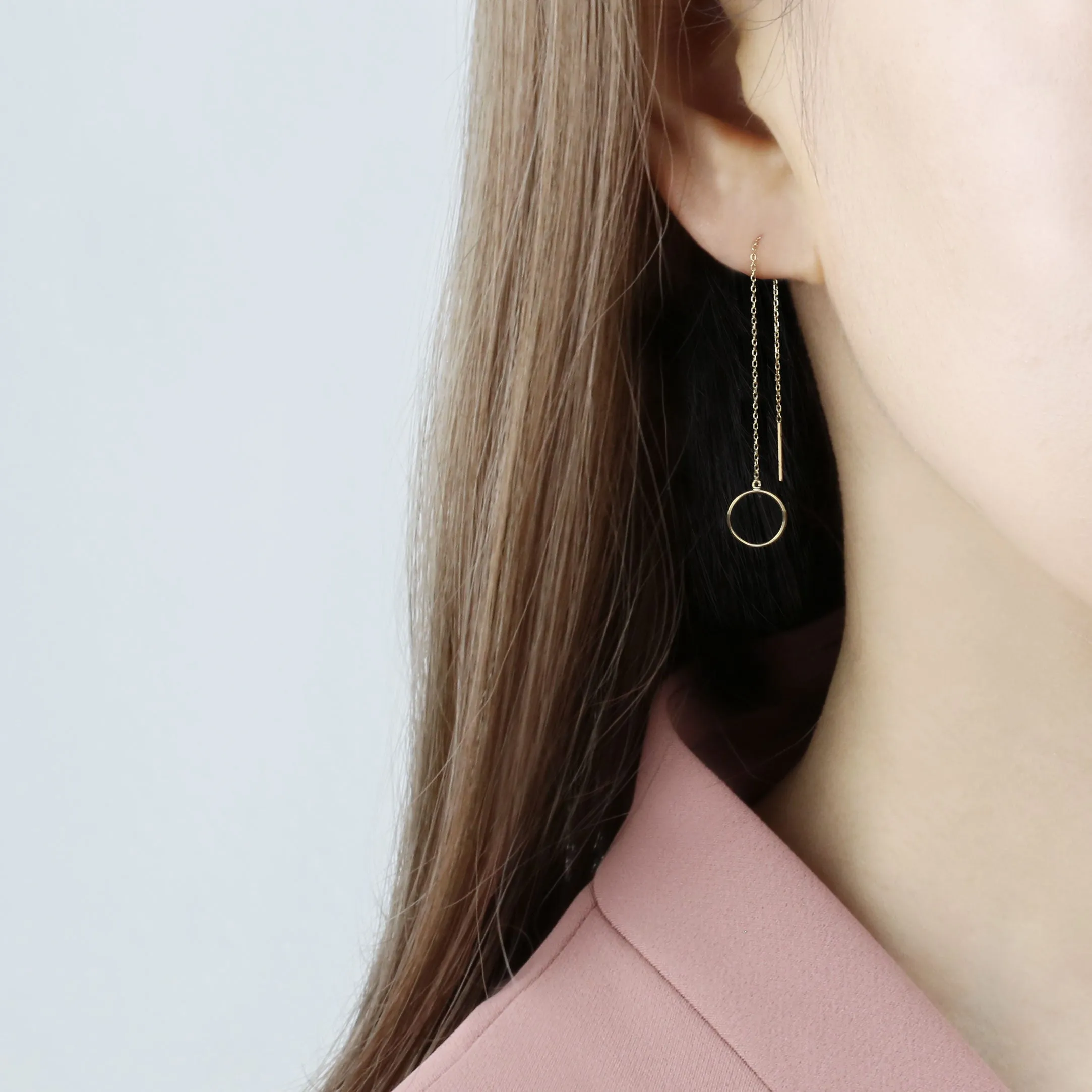 14k Solid Gold Open Circle Long Threader Earring