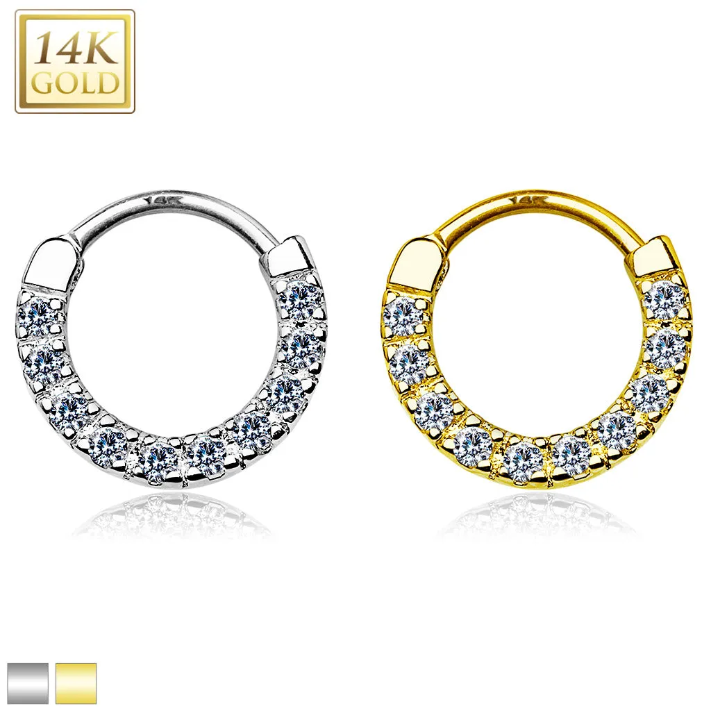 14K Solid Gold Paved CZ Nose Ring Septum Clicker Daith