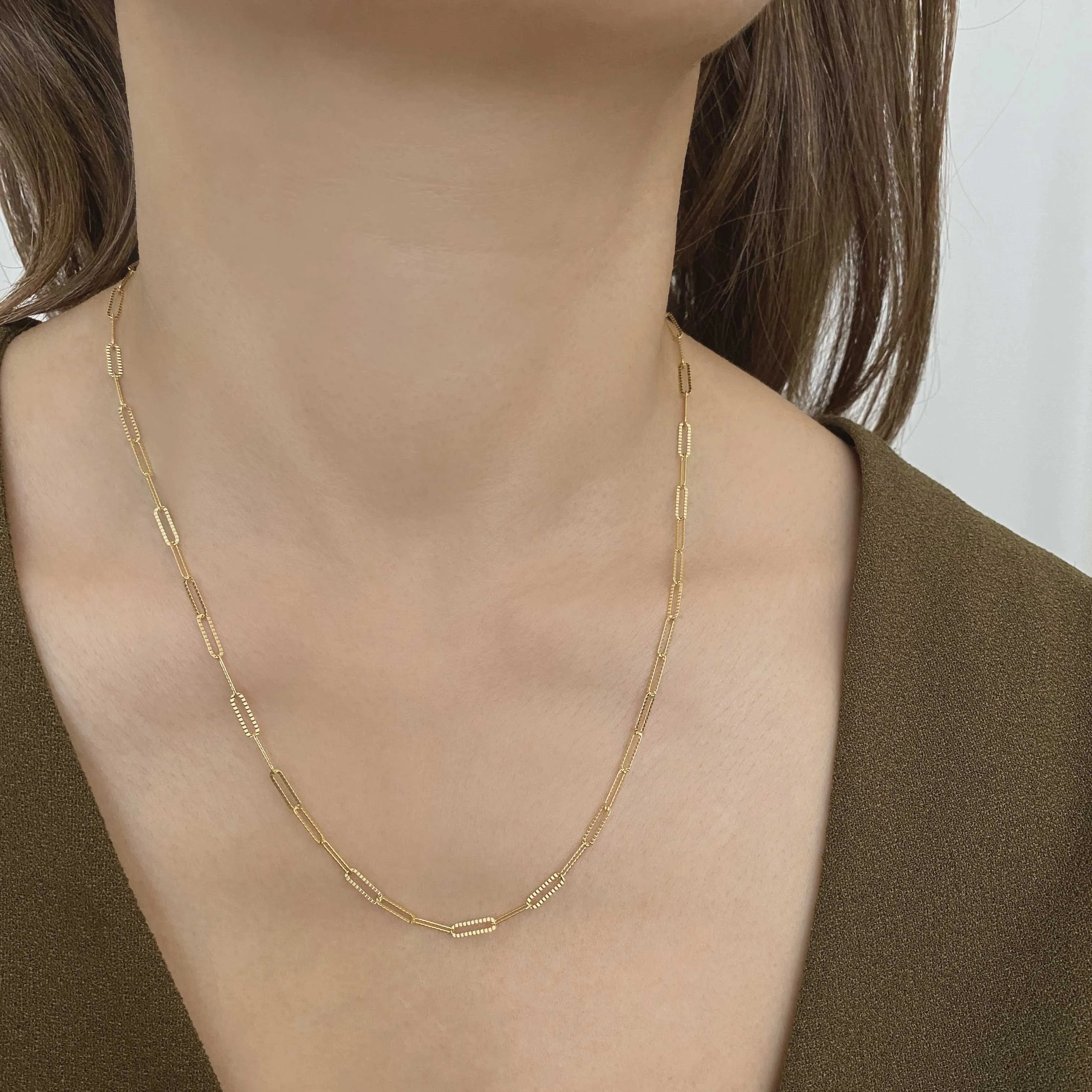 14k Solid Gold Rectangle Link Chain Necklace