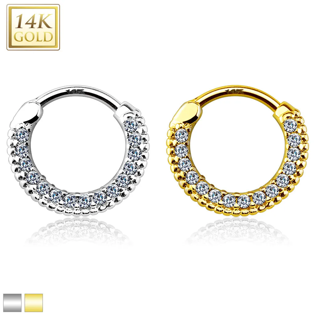 14K Solid Gold Round CZ Nose Ring Septum Clicker Daith